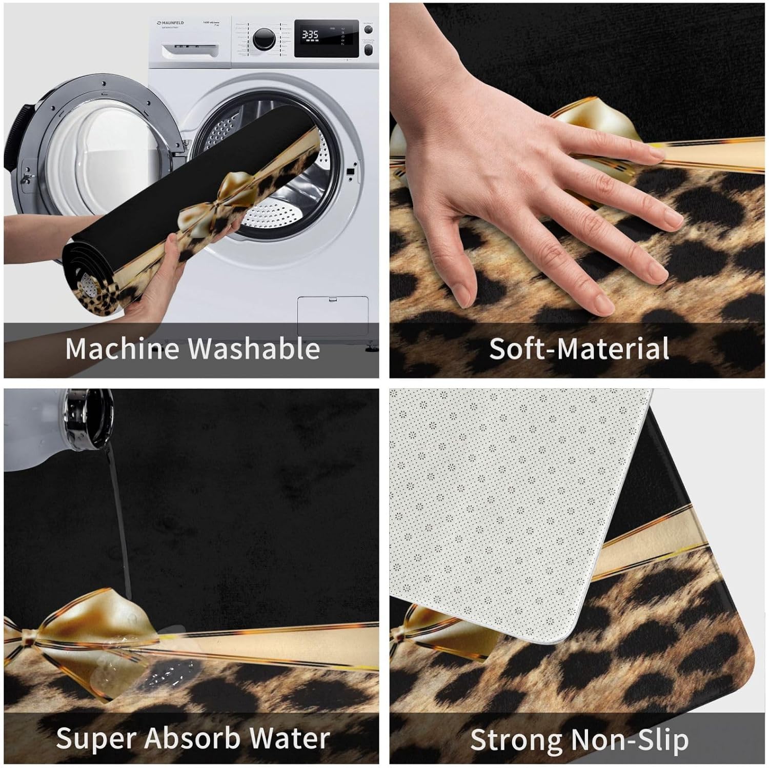 Uphome Leopard Print Bath Mat - Slip Resistant Washable 75x45cm