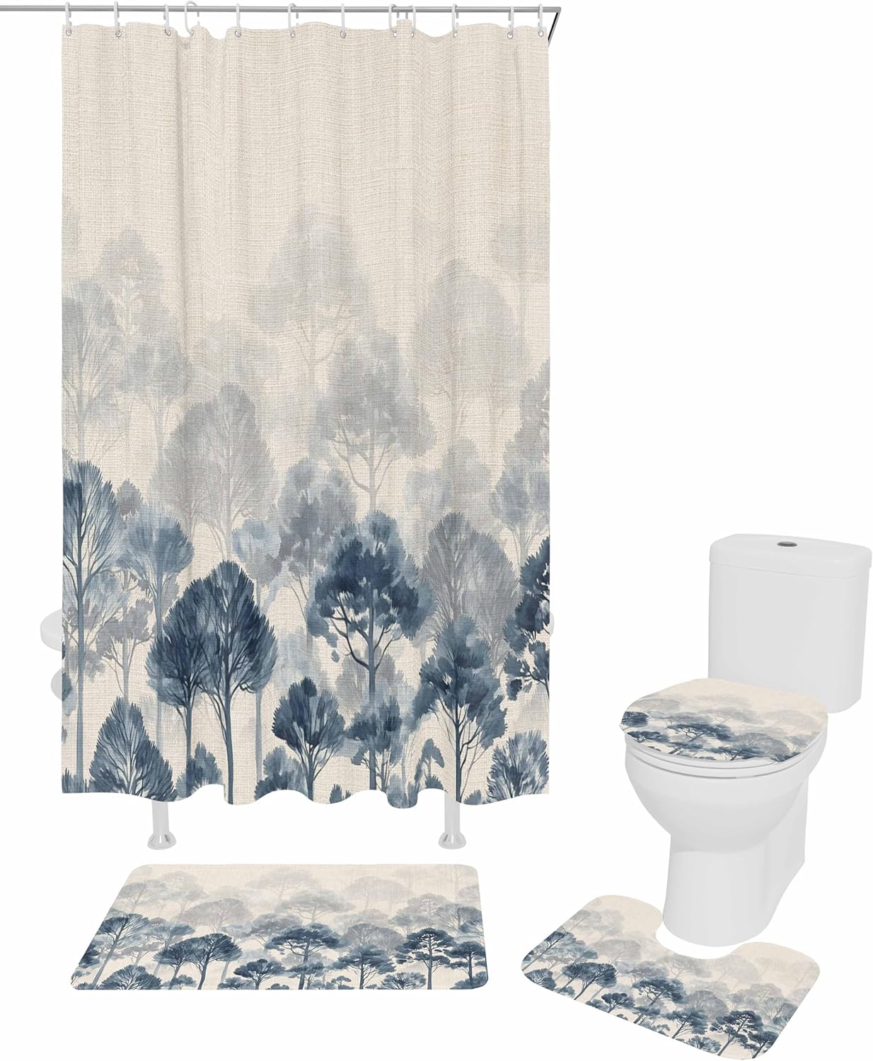Blue Forest Bathroom Set with Shower Curtain and Rug