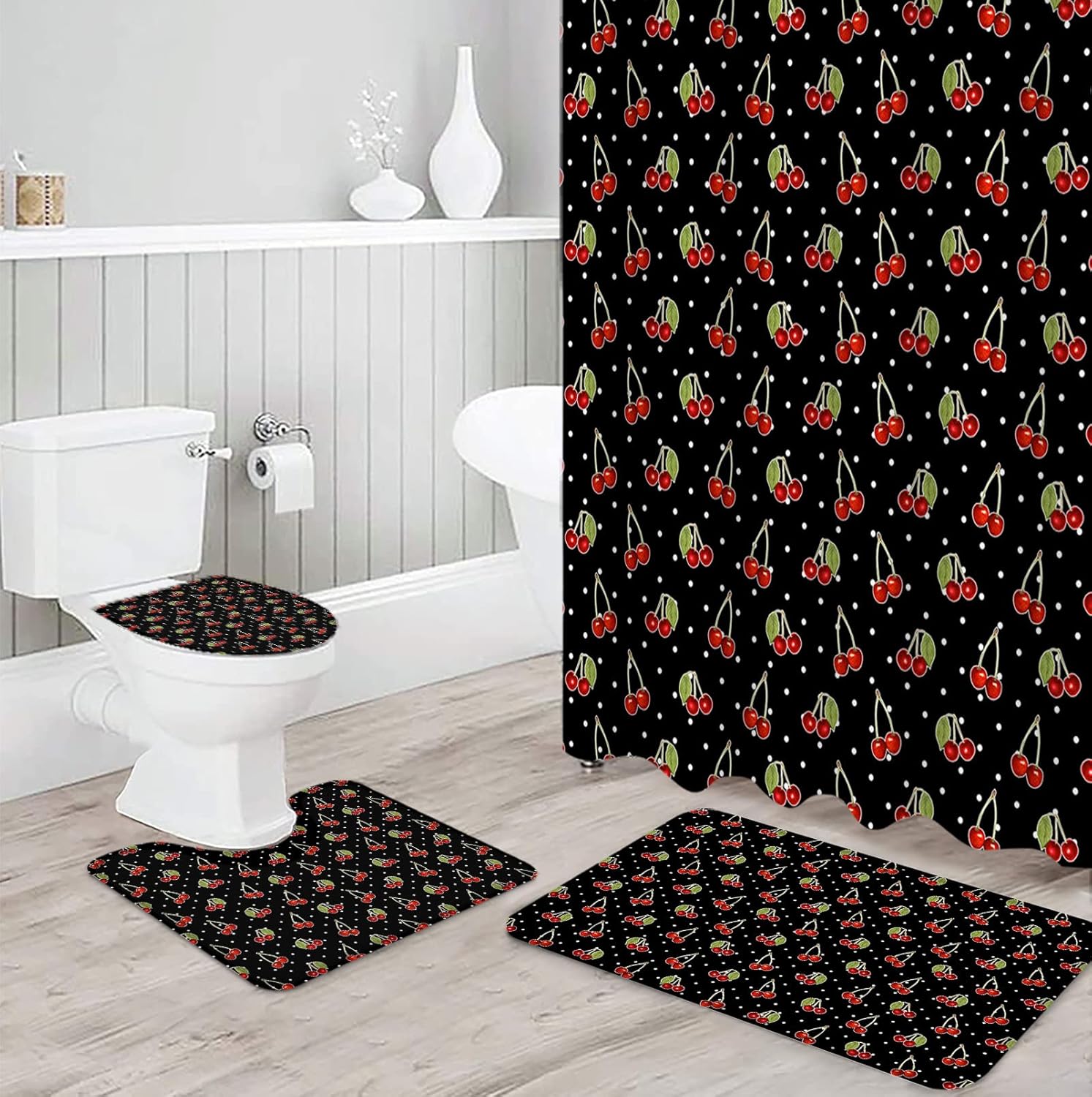 ZOE GARDEN Cherry Bathroom Set with Curtain Rug and Hooks