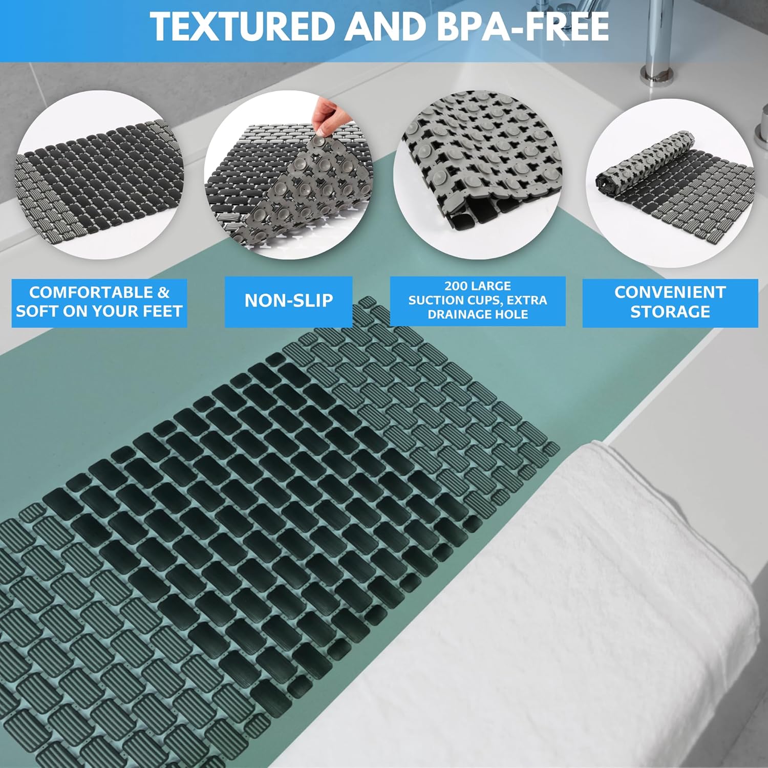 Non-Slip Shower Mat with Suction Cups and Drain Holes