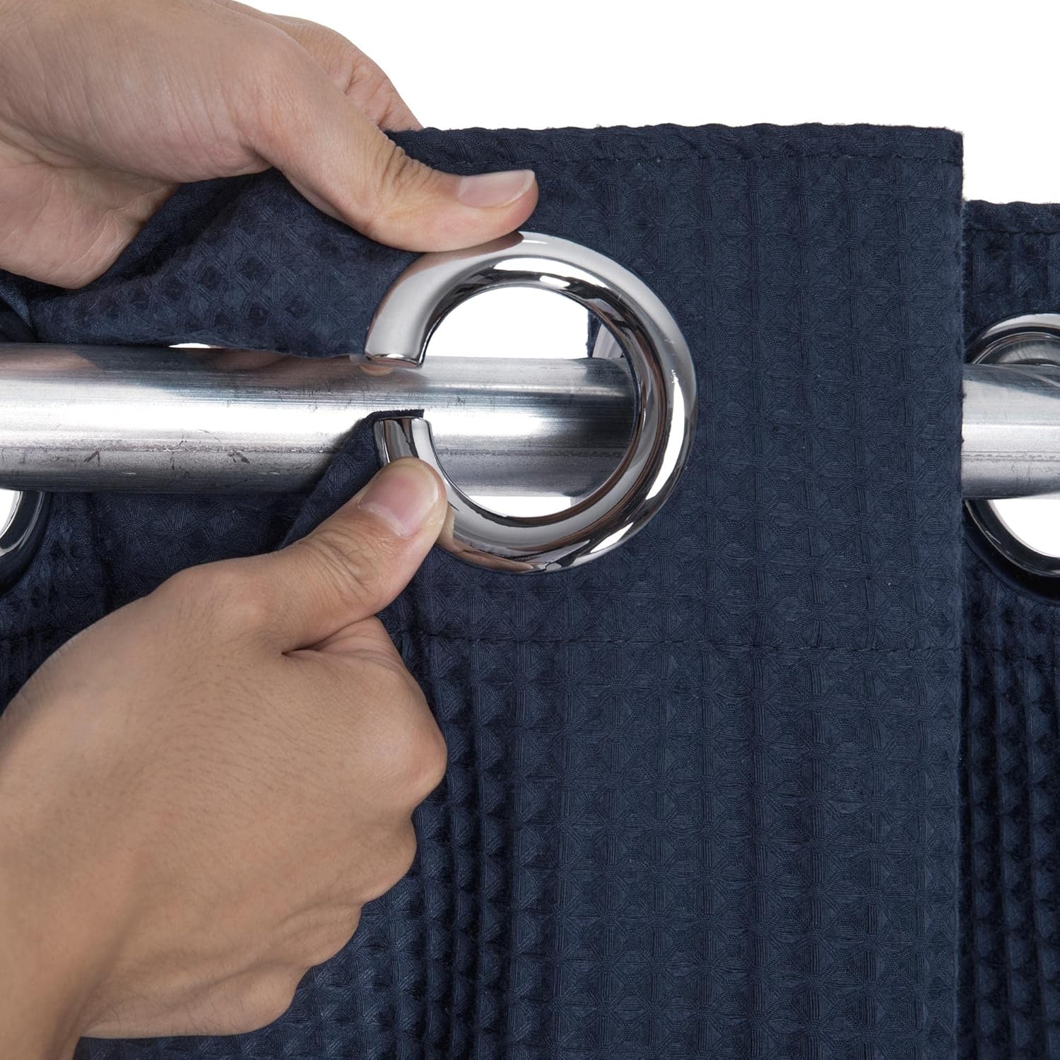 River Dream Navy Blue Waffle Weave Shower Curtain Set