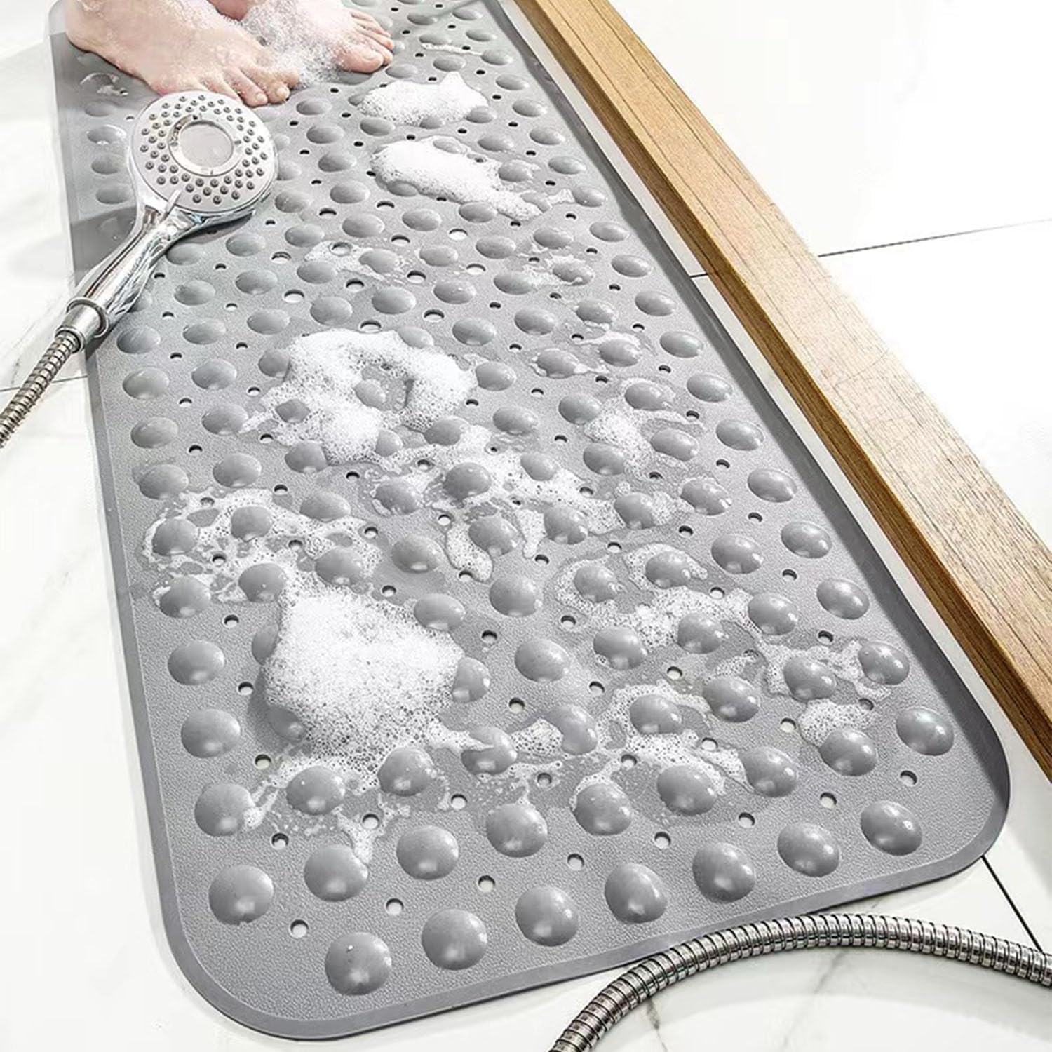 SAISAIXU Extra Long Non-Slip Bath Mat with Suction Cups and Drain Holes