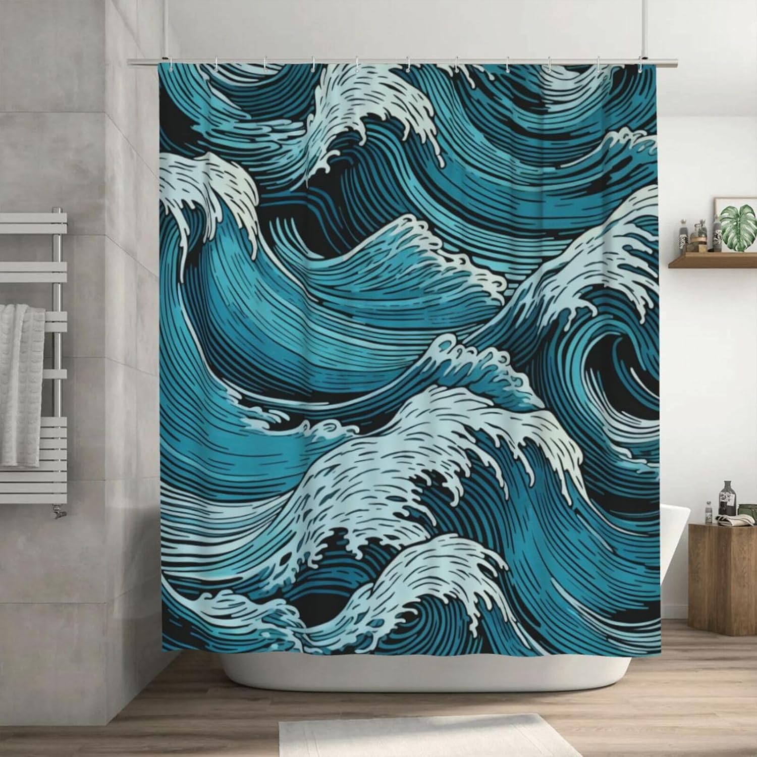 Blue Wave Shower Curtain with 12 Hooks 72x72in