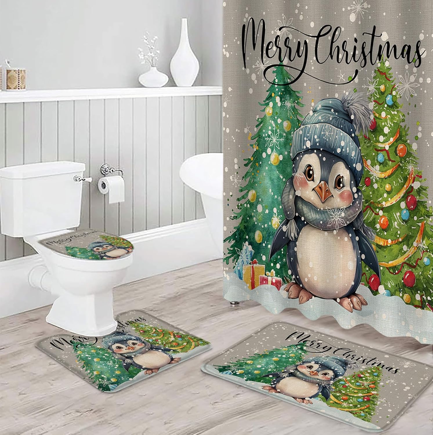 Christmas Penguin Bathroom Set with Shower Curtain and Rug