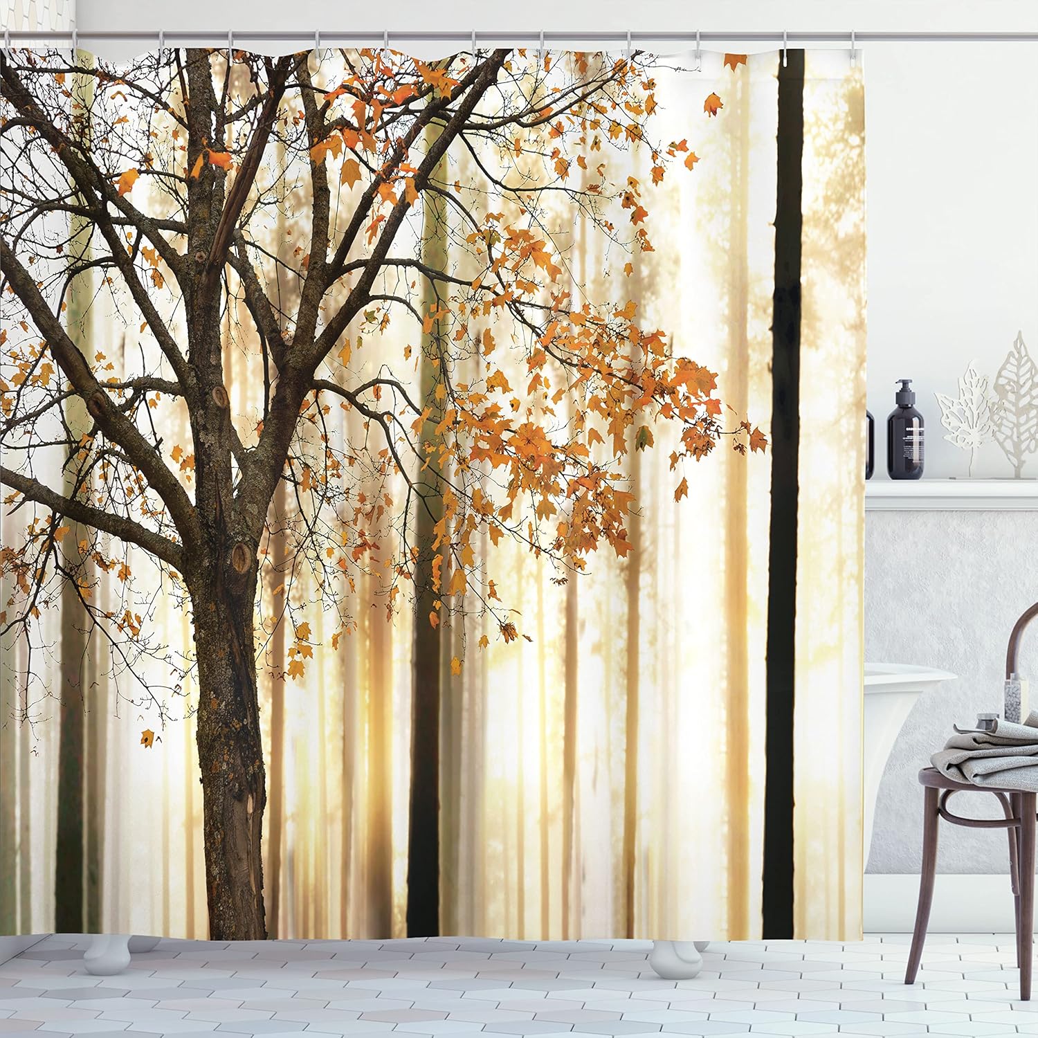 Ambesonne Autumn Shower Curtain Set with Hooks Orange Yellow 1