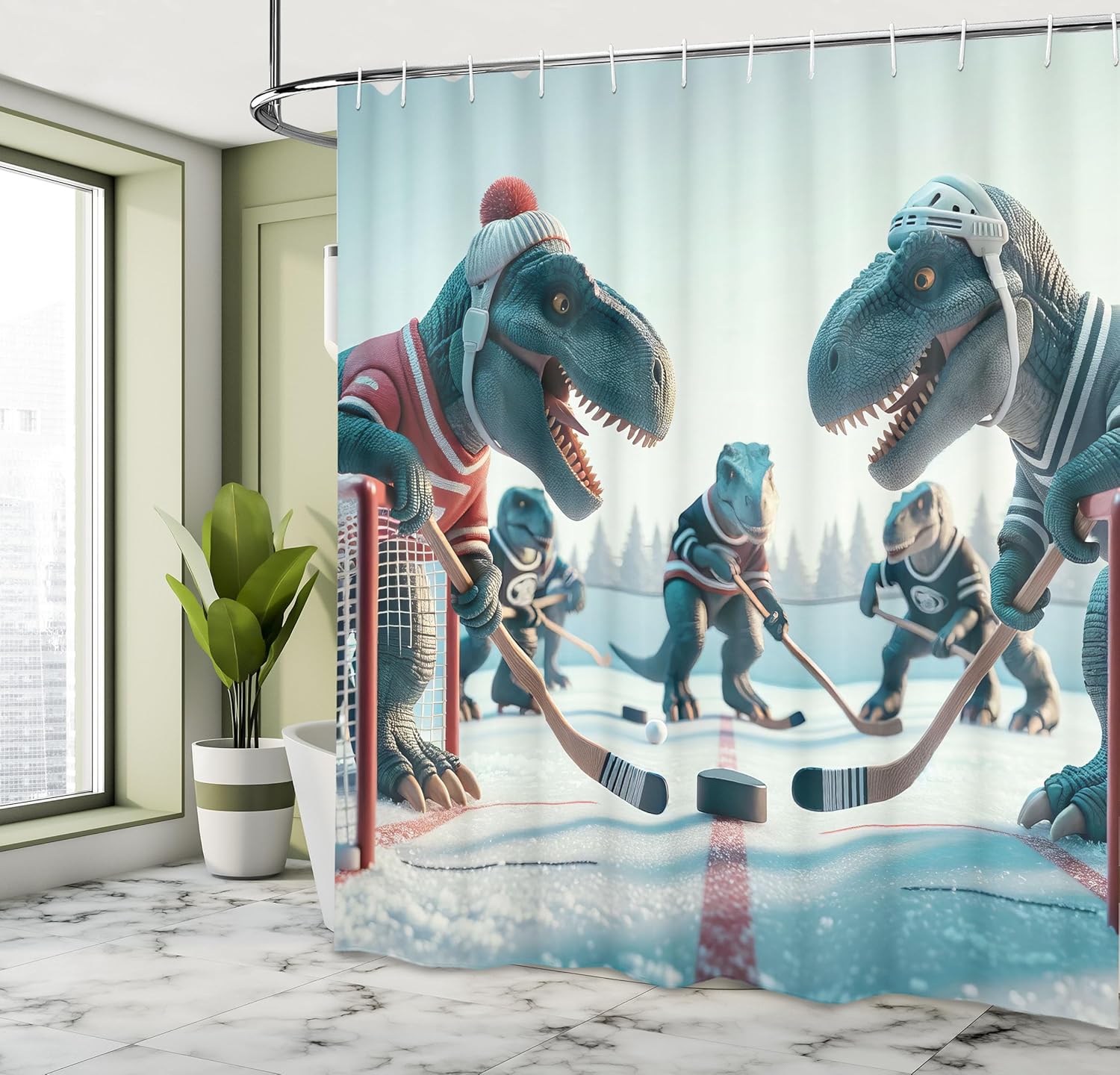 Ambesonne Dinosaur Shower Curtain with Ice Hockey Hooks