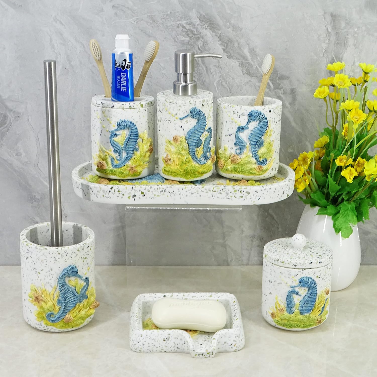 BATH 77SHANCO Resin Seahorse Toilet Brush Holder Set