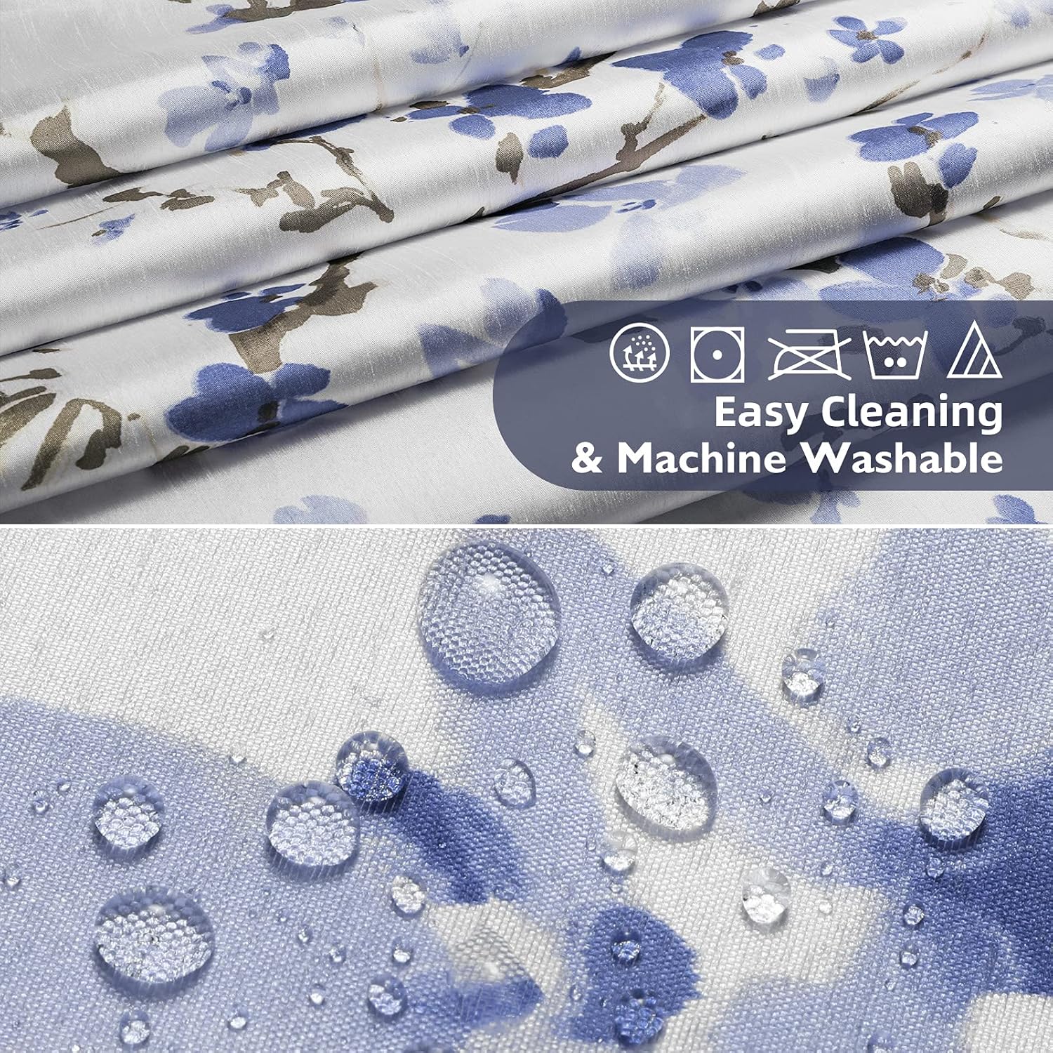 Lagute SnapHook Hook Free Shower Curtain with Liner and Mesh Window Blue Blossom