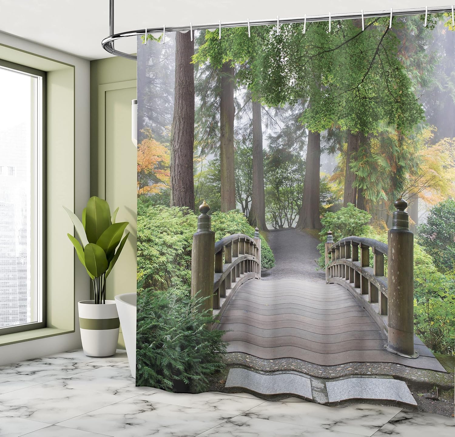 Ambesonne Japanese Shower Curtain Set with Hooks 69x75 Taupe Green