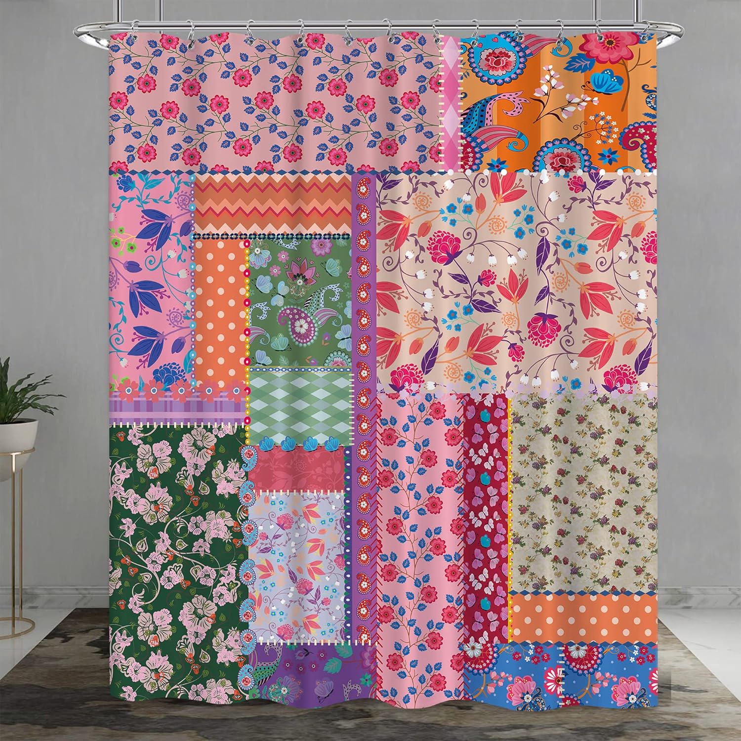 Laifzere Patchwork Boho Floral Shower Curtain Set 60x72 Inch with Hooks