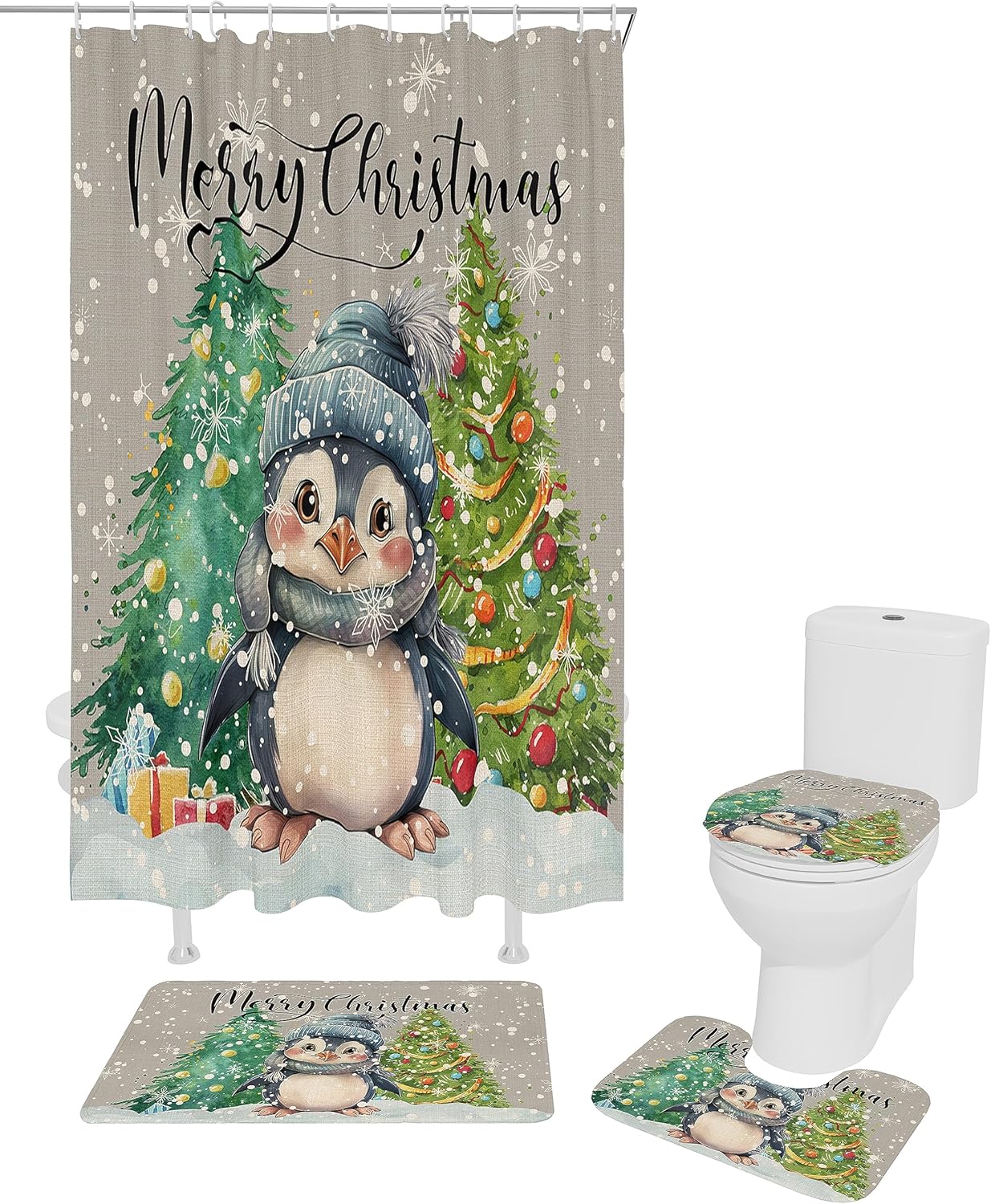 Christmas Penguin Bathroom Set with Shower Curtain and Rug