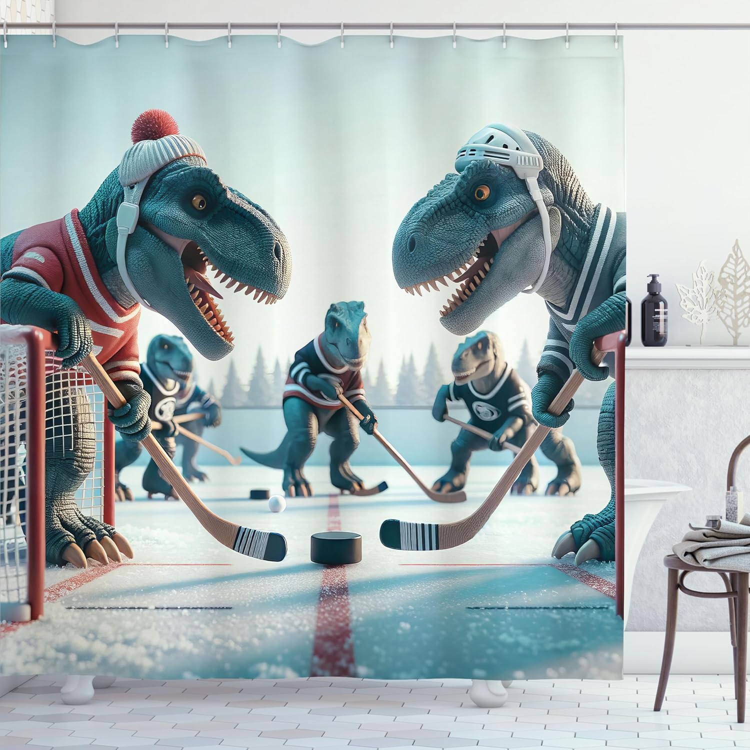 Ambesonne Dinosaur Shower Curtain with Ice Hockey Hooks