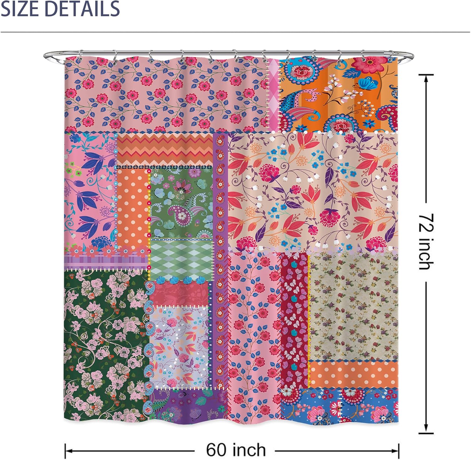 Laifzere Patchwork Boho Floral Shower Curtain Set 60x72 Inch with Hooks