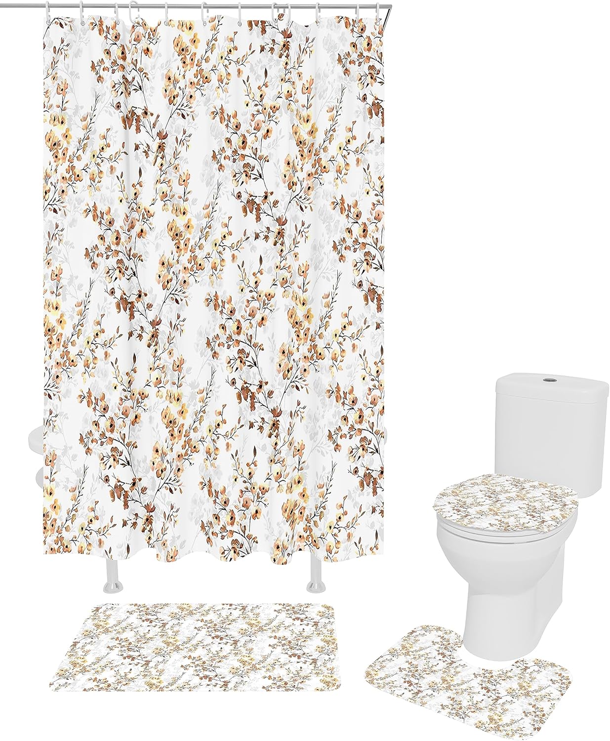 ZOE GARDEN Brown Flower Leaves Shower Curtain Set