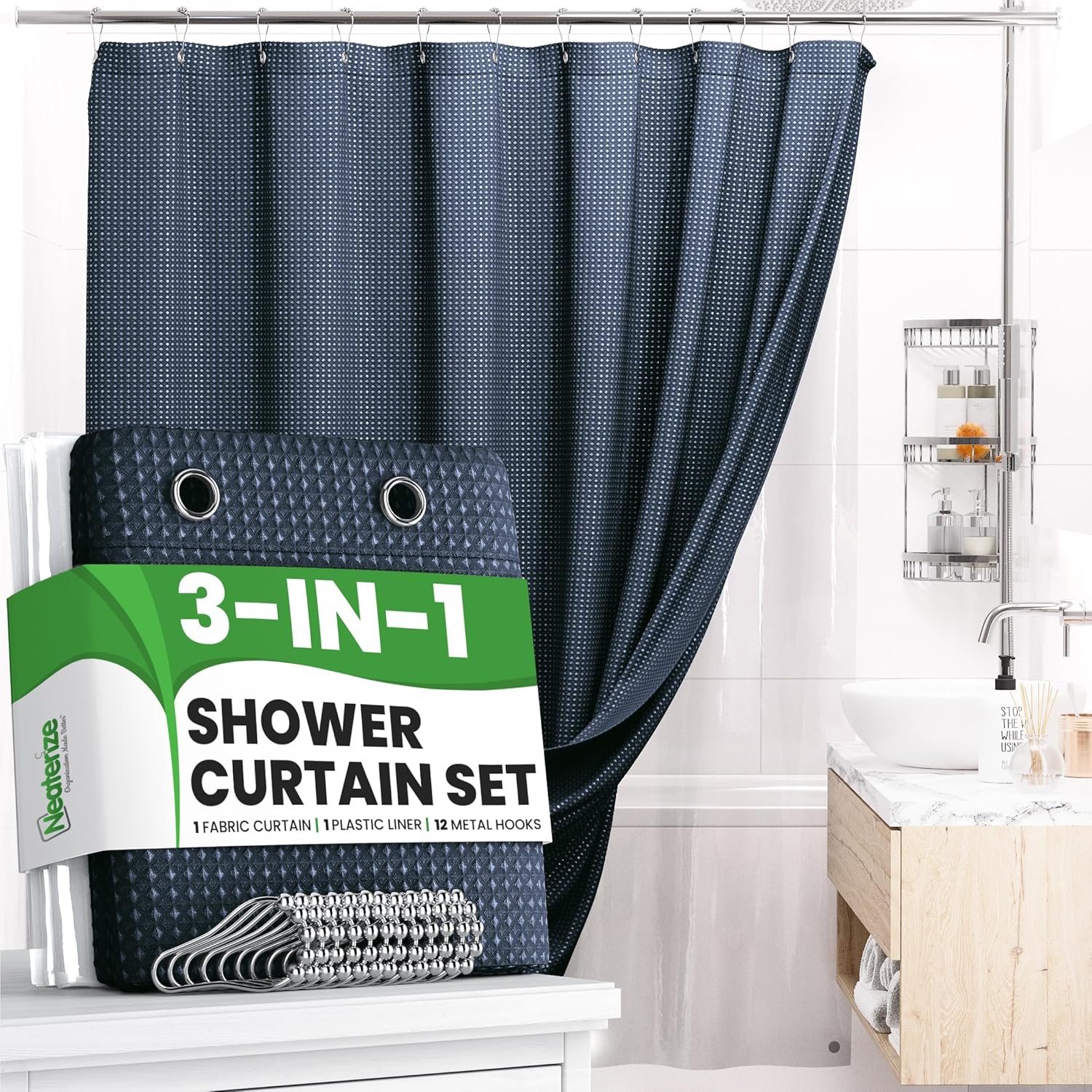 NEATERIZE 3 in 1 Shower Curtain Set - Navy 72x84