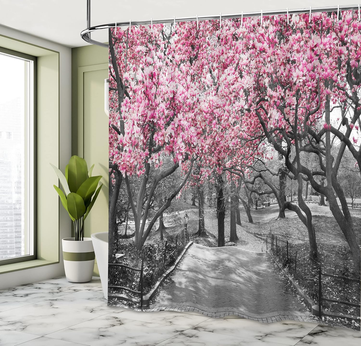 Ambesonne NYC Shower Curtain with Blossoms Landscape and 12 Hooks