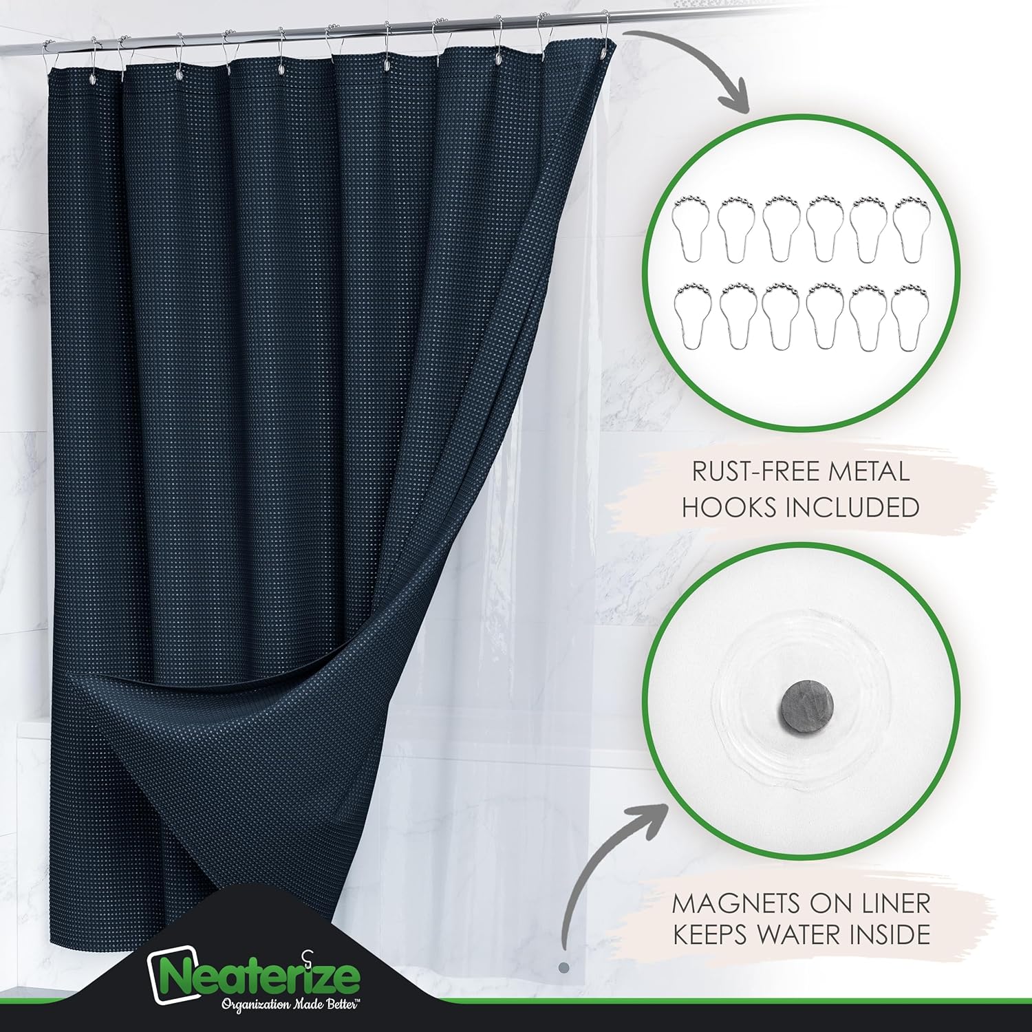 NEATERIZE 3 in 1 Shower Curtain Set - Navy 72x84