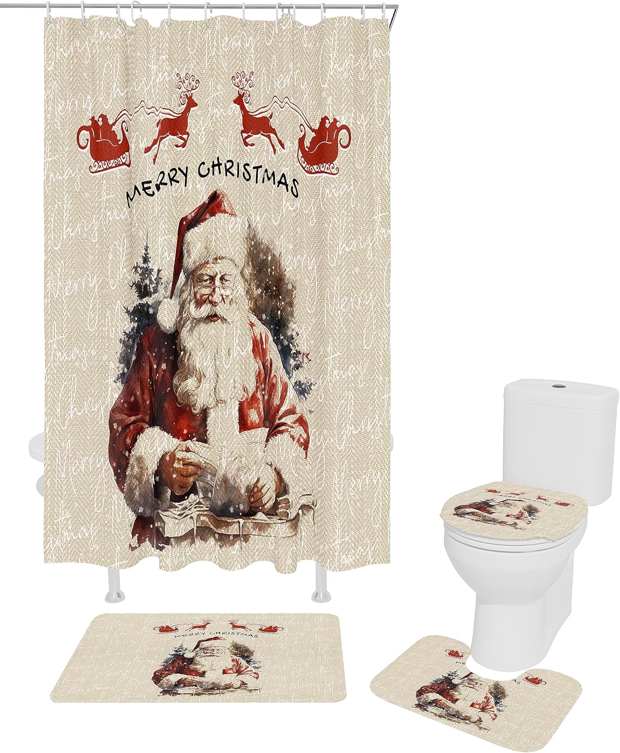 ZOE GARDEN Christmas Santa Bathroom Set with Rug and Hooks