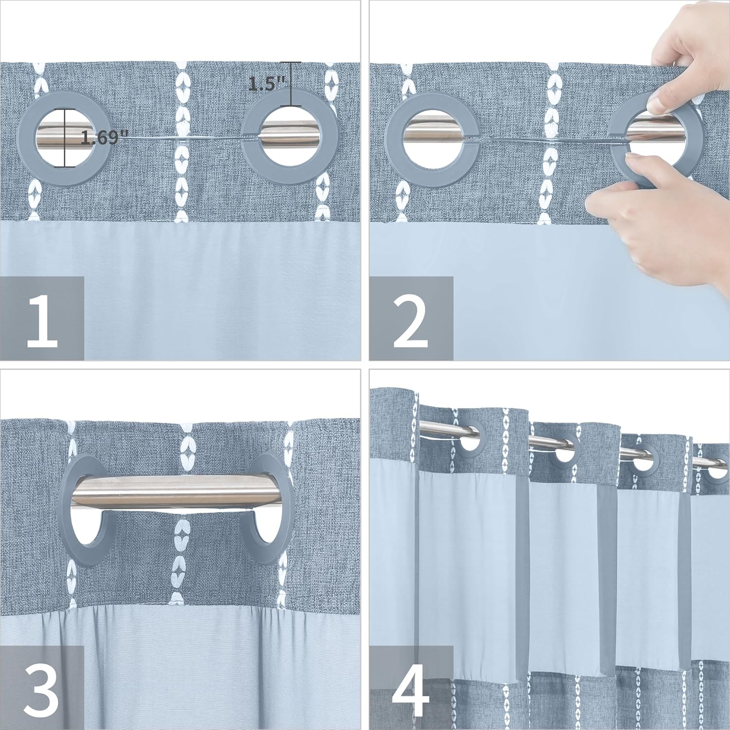 Eachope No Hook Shower Curtain Set with Tassels Blue 71x86