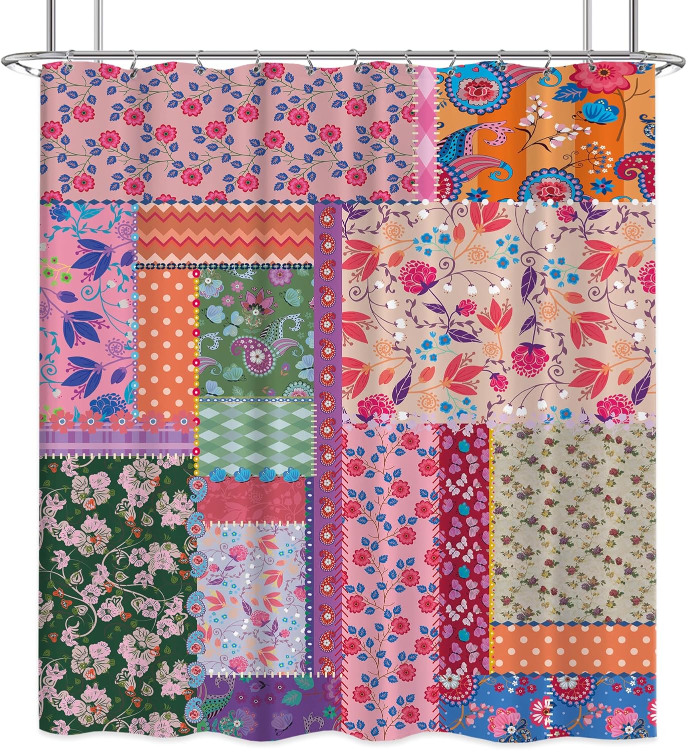 Laifzere Patchwork Boho Floral Shower Curtain Set 60x72 Inch with Hooks