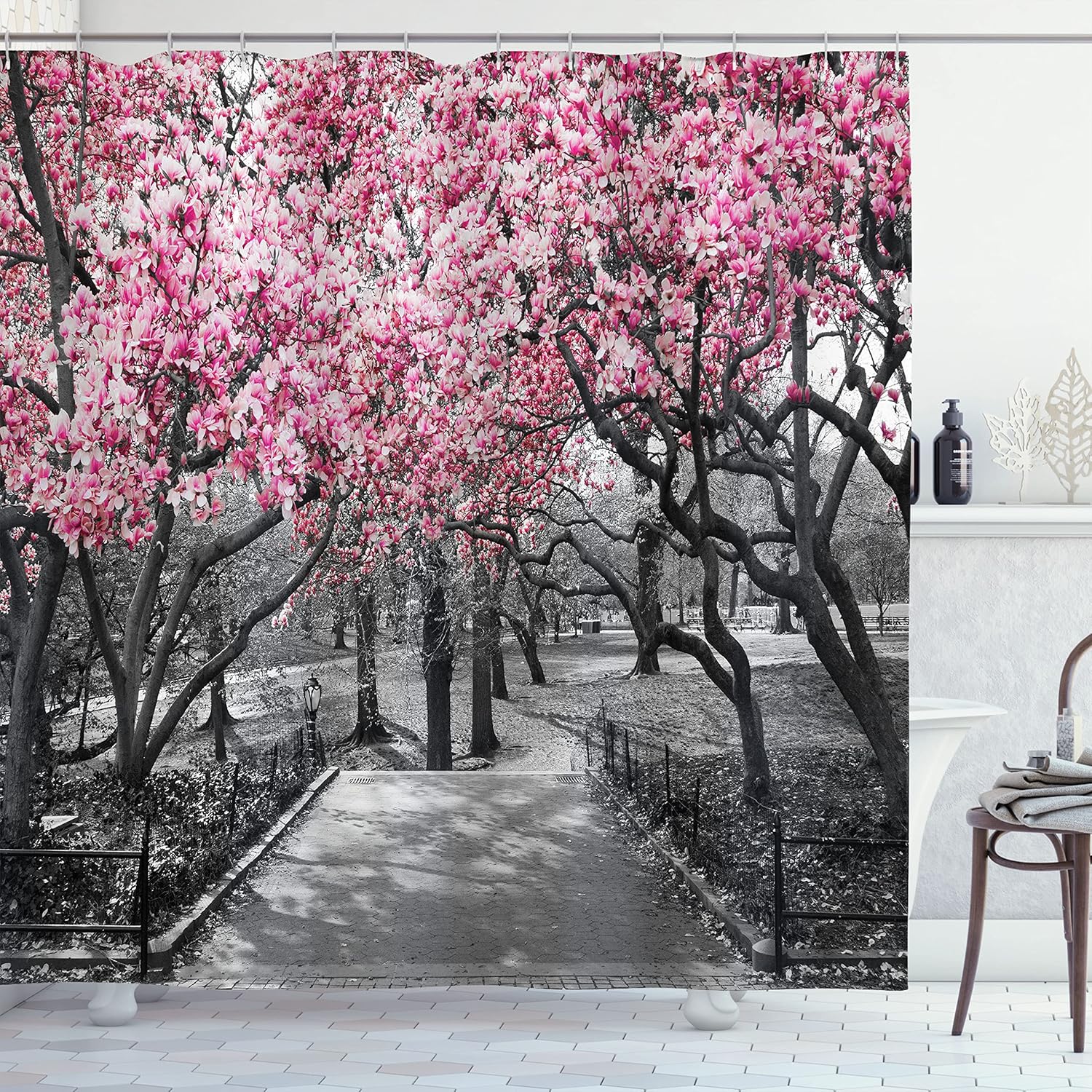 Ambesonne NYC Shower Curtain with Blossoms Landscape and 12 Hooks